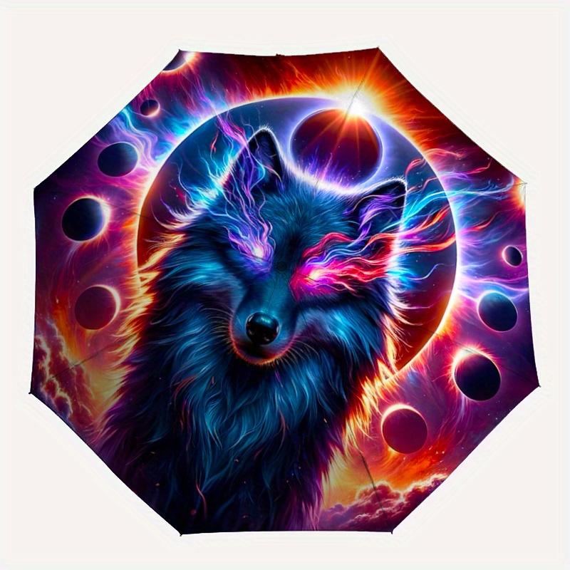 1pc Enchanted Celestial Wolf Pattern Beautiful Looking Automatic Folding Umbrella, 3 Folding, 8 Iron Frame Design, Durable and Suitable for Trave