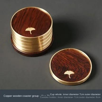 

Pure Copper Teacup Holder Blackwood Coaster Household Kung Fu Tea Set Tea Ceremony Utensils Heat Insulation Tea Mat 6 Pieces