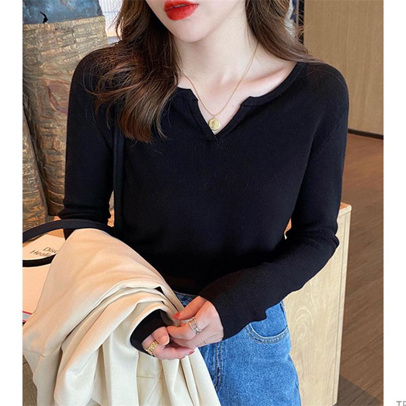 

DAFIFY Женская мода повседневная осень-зима однотонный принт длинный рукав V-образный вырез свитера Size: One Size чёрный