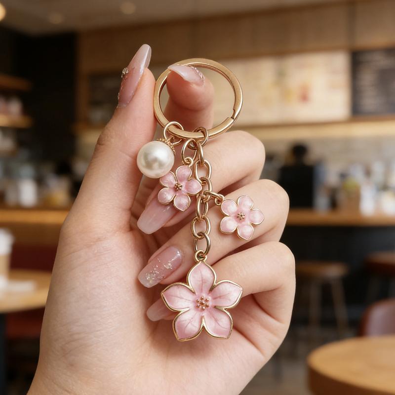 Yogodlns Alloy Sakura Bag Pendant Cherry Blossom Imitation Pearl Accent Cherry Blossom Keychain Sweet Flower Bags Accessories