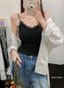 #Spice Girl Tight Lace Edge Splicing Small Suspender Vest Female Pure Desire Off-the-shoulder Thin Top with Chest Pad