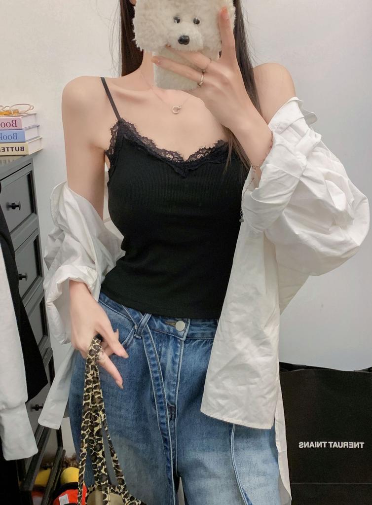 #Spice Girl Tight Lace Edge Splicing Small Suspender Vest Female Pure Desire Off-the-shoulder Thin Top with Chest Pad