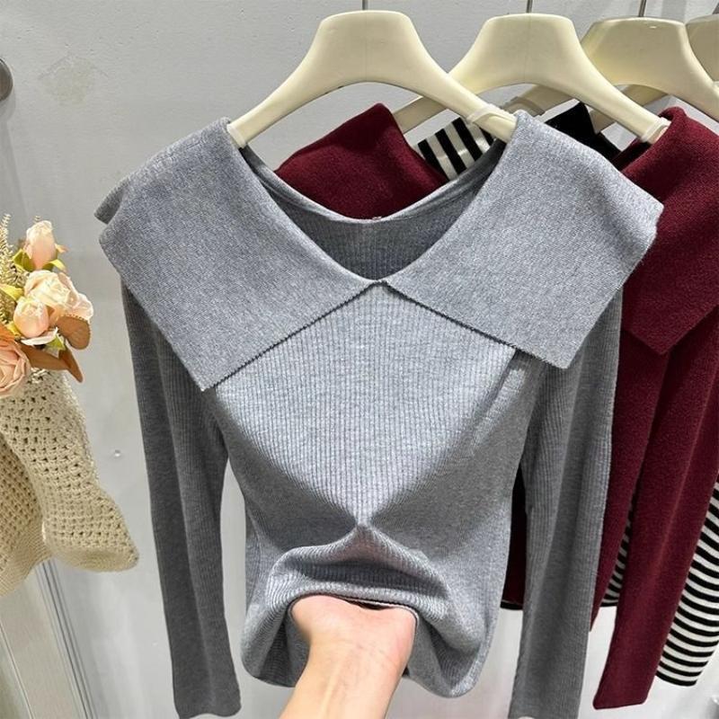 Fashionable Lapel Striped Sweater, A New Design for Women's Autumn and Winter, with A Youthful and Stylish Base Layer Top