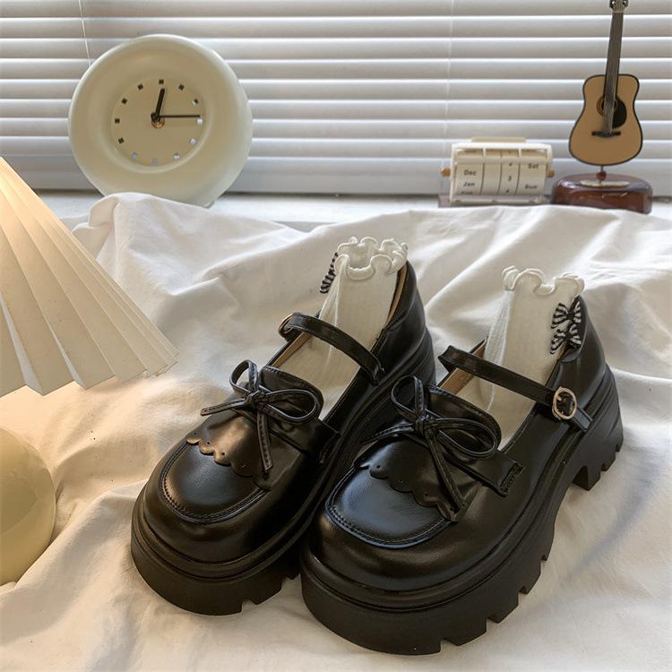 Fashion Retro Thick Soled Women's Shoes 2025 Spring and Autumn New Uniform Bow Leather Pumps Loafers Shoes Cute Student Single Shoes