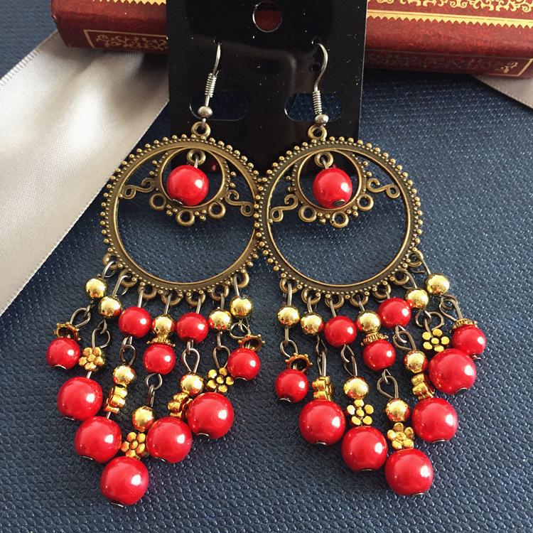 Vintage Celebrity Earrings Fashion Exaggerated Bohemian Tassel Pearl Bronze Long Beaded Earrings