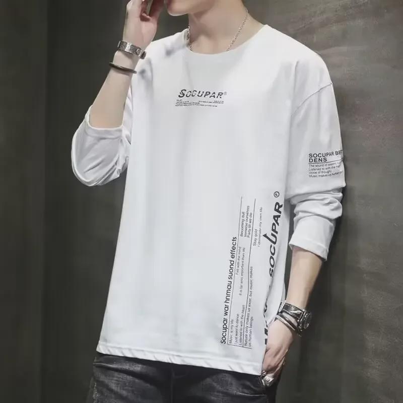 New Men's Slim Fit Long-Sleeved Round Neck T-Shirts - Stylish Korean Autumn Fashion with Lettering