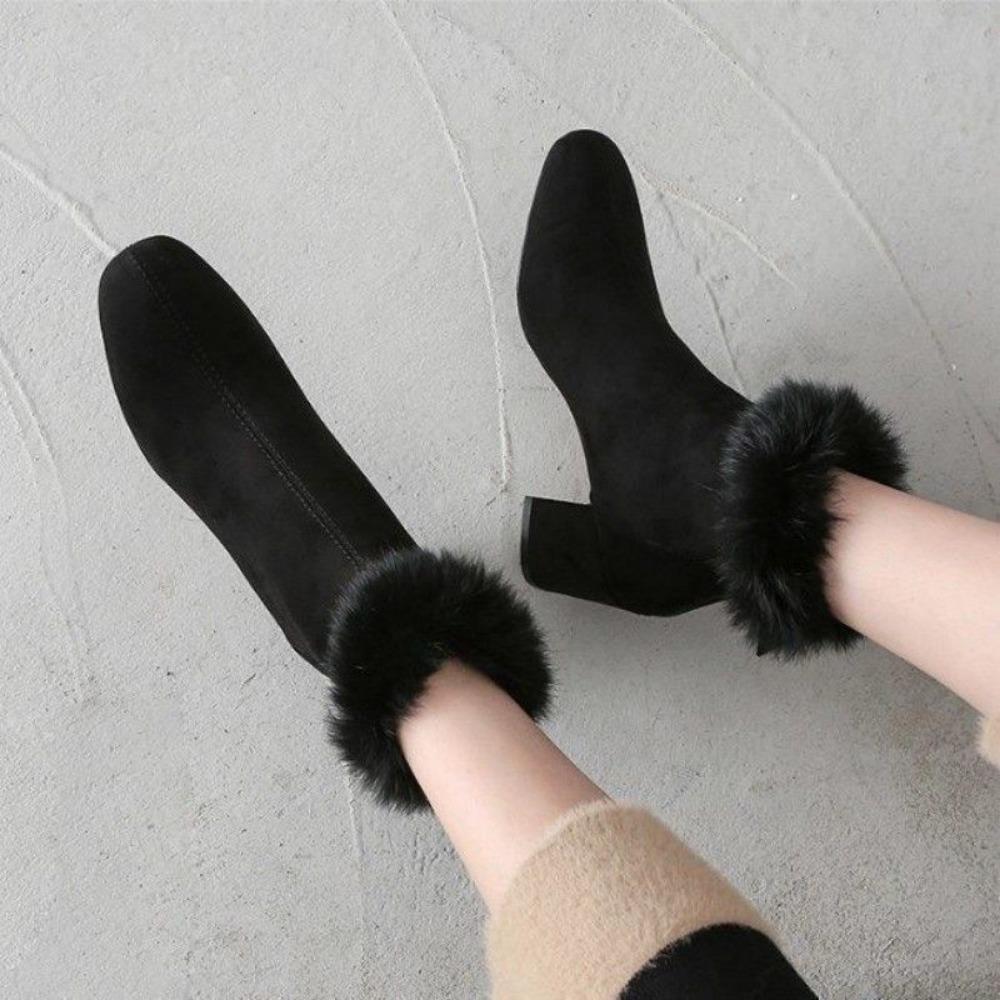 Winter Comfortable White Black Women Ankle Boots Rabbit Fur  Heels Lady Casual Shoes