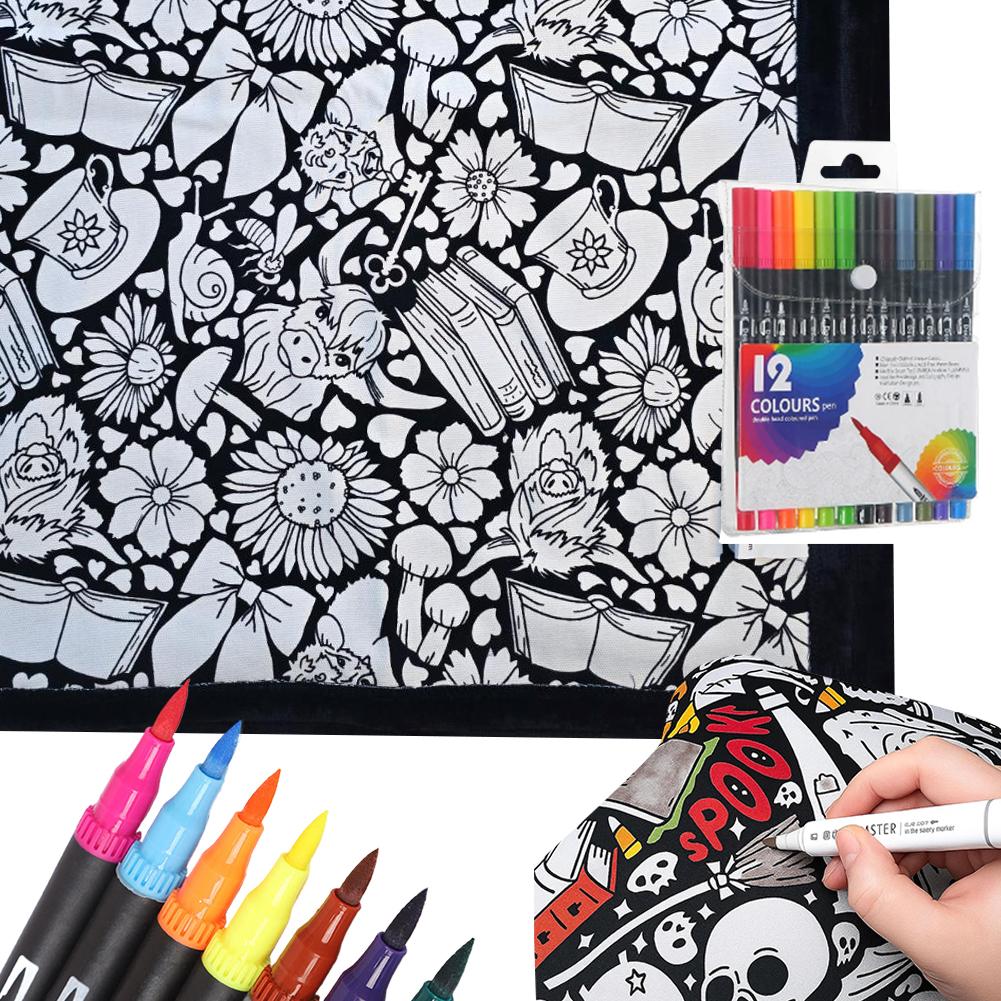 Дитяча ковдра для розмальовування своїми руками, що миється, з 12 кольоровими маркерами, Творча тканинна ковдра з квітами, пофарбованими на замовлення, для дорослих, для релаксації