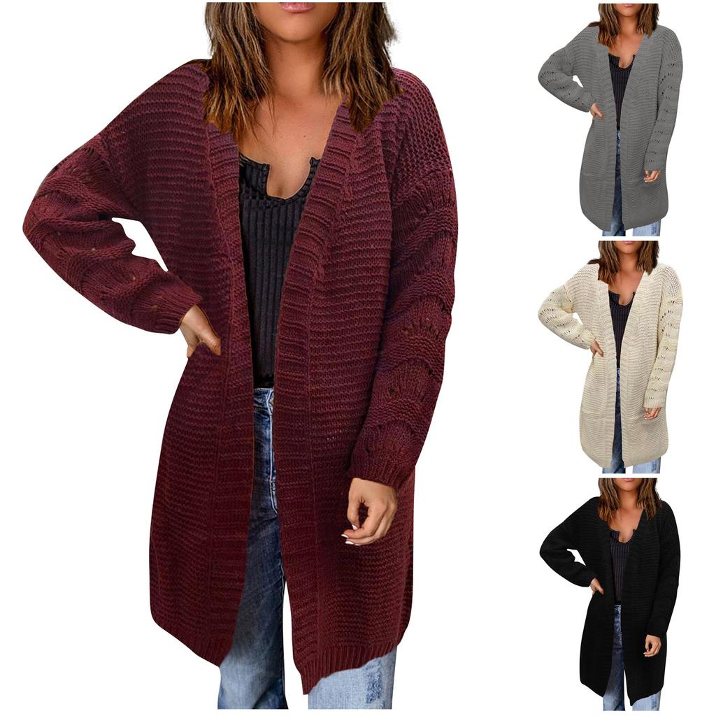 Women's Fashionable Loose Fitting Solid Color Medium Length Knitted Sweater Cardigan Jacket