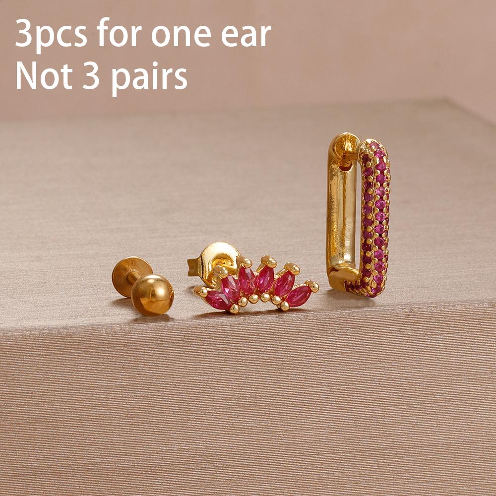 3PCS Unique Stainless Steel Earrings Set for Women Rose Red Crystal Zircon Huggie Hoop Earring Wedding Romantic Jewelry