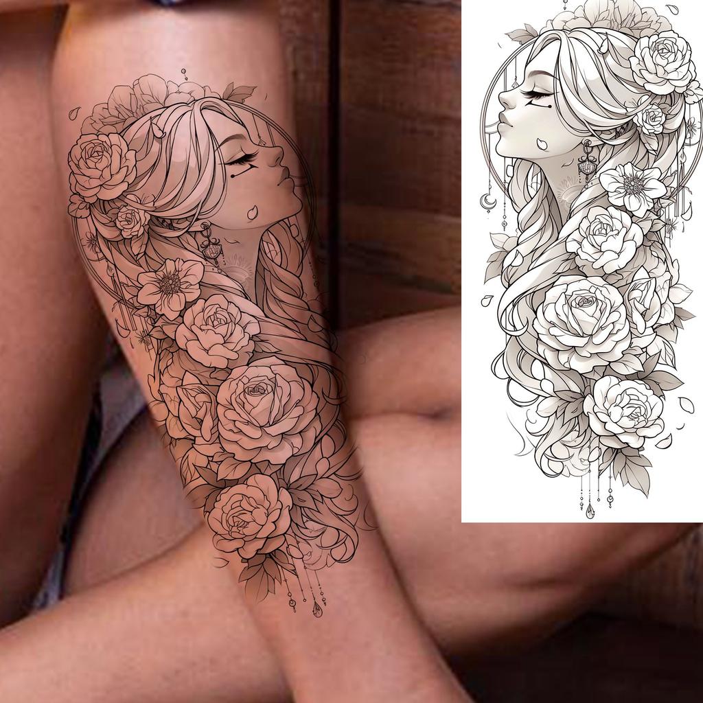 1 Sheet Girls With Flowers Holy Mother Temporary Tattoos For Women Body Art, Long Lasting Waterproof Temp Fake Tattoo Stickers