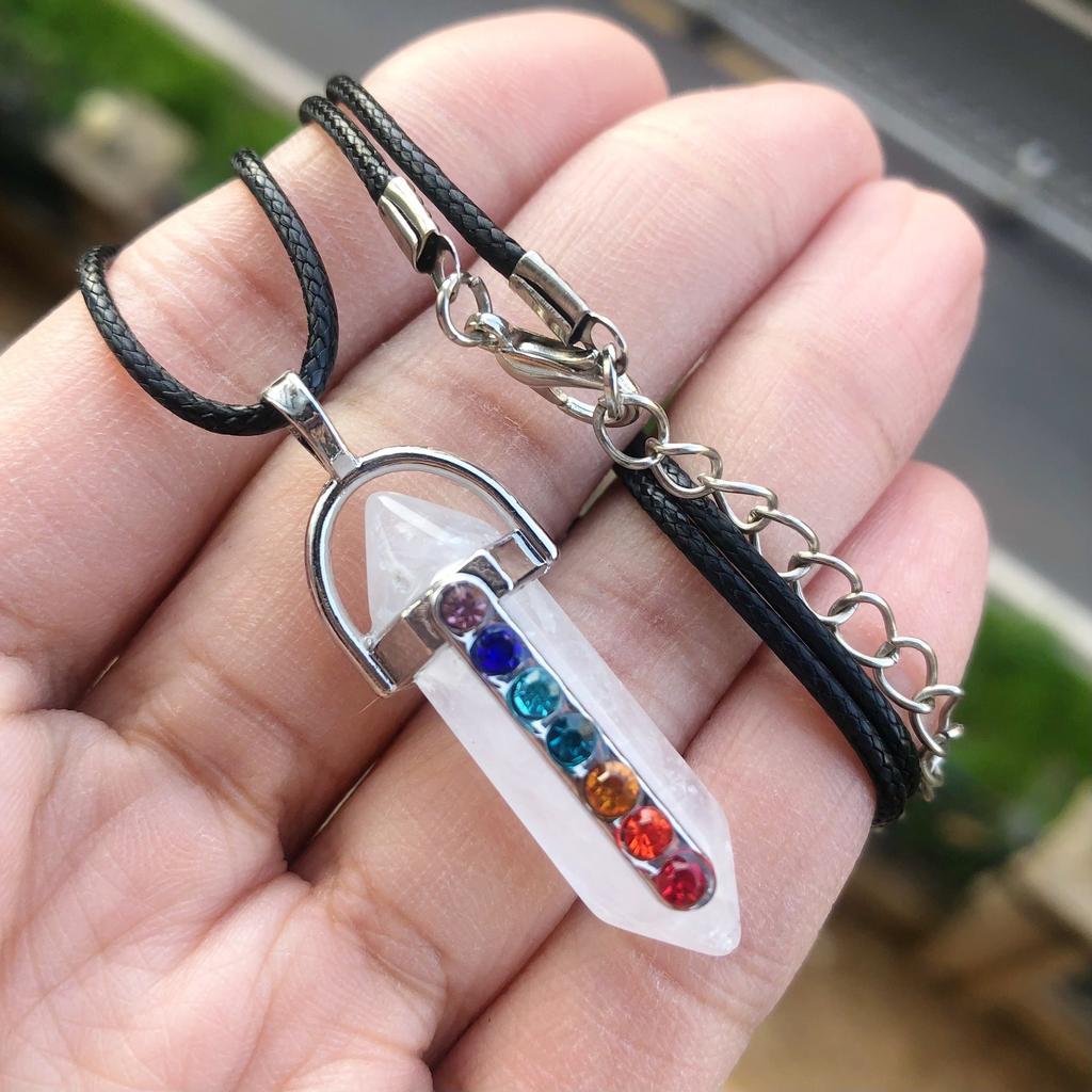 7 Chakra Healing Crystal Necklaces, Natural Hexagonal Chakra Crystal Gemstone Pendant Necklaces, Pointed Quartz Stone Jewelry