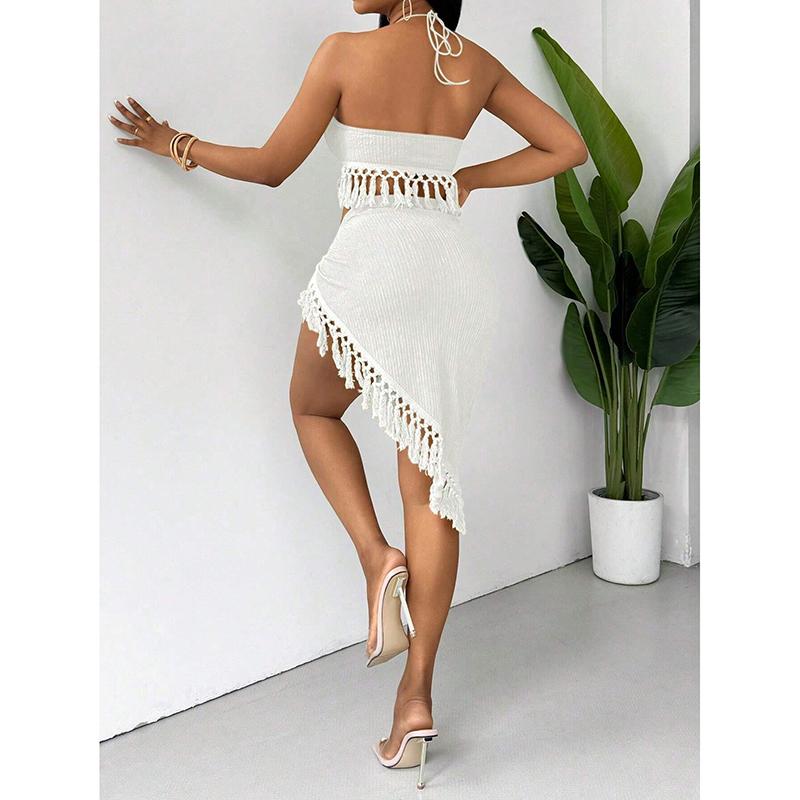 Sexy Tassels Bikini Women's Swimsuit 2 Piece Swimwear Female Outfits Halter Top High Slit Skirt Set Beachwear Bathing Suits