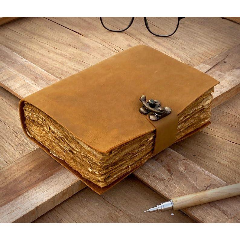 Handmade Vintage Leather Journal - Blank Spell Book of Shadows, Grimoire Journal, Travel Writing Notebook, Deckle Edge Paper Lock Closure