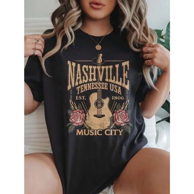 Music City Letter Gitarre Blumenmuster Grafik T-Shirt Mode Rundhals T-Shirt Damenbekleidung