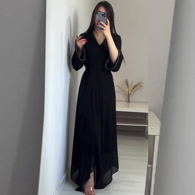 2024 Autumn Women's Lightly Mature V-Neck Waist-Tie Solid Color Long-Sleeve Dress