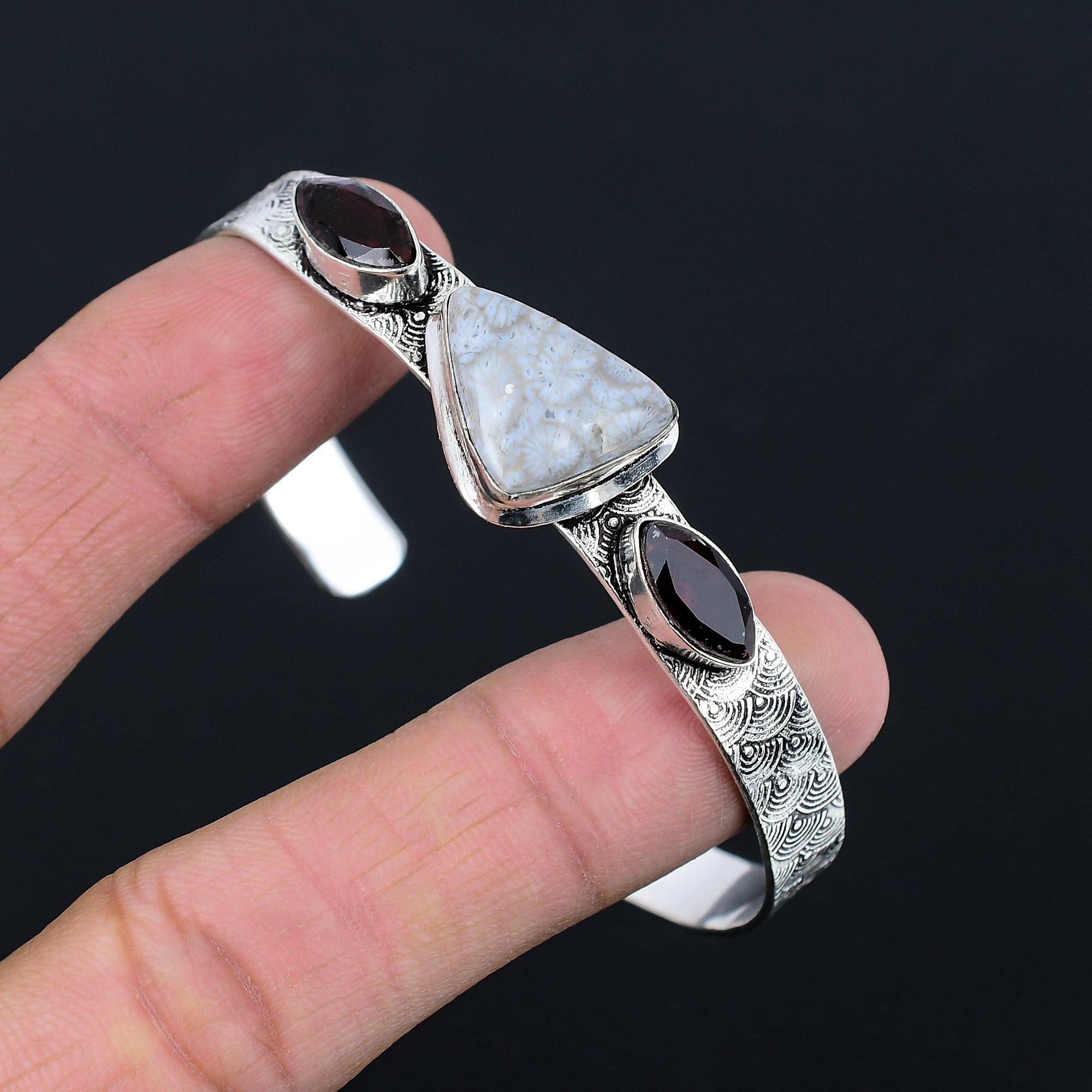 

Daughters Day Deal Natural Fossil Coral Garnet Bangle Bracelet Sterling Silver Adjustable