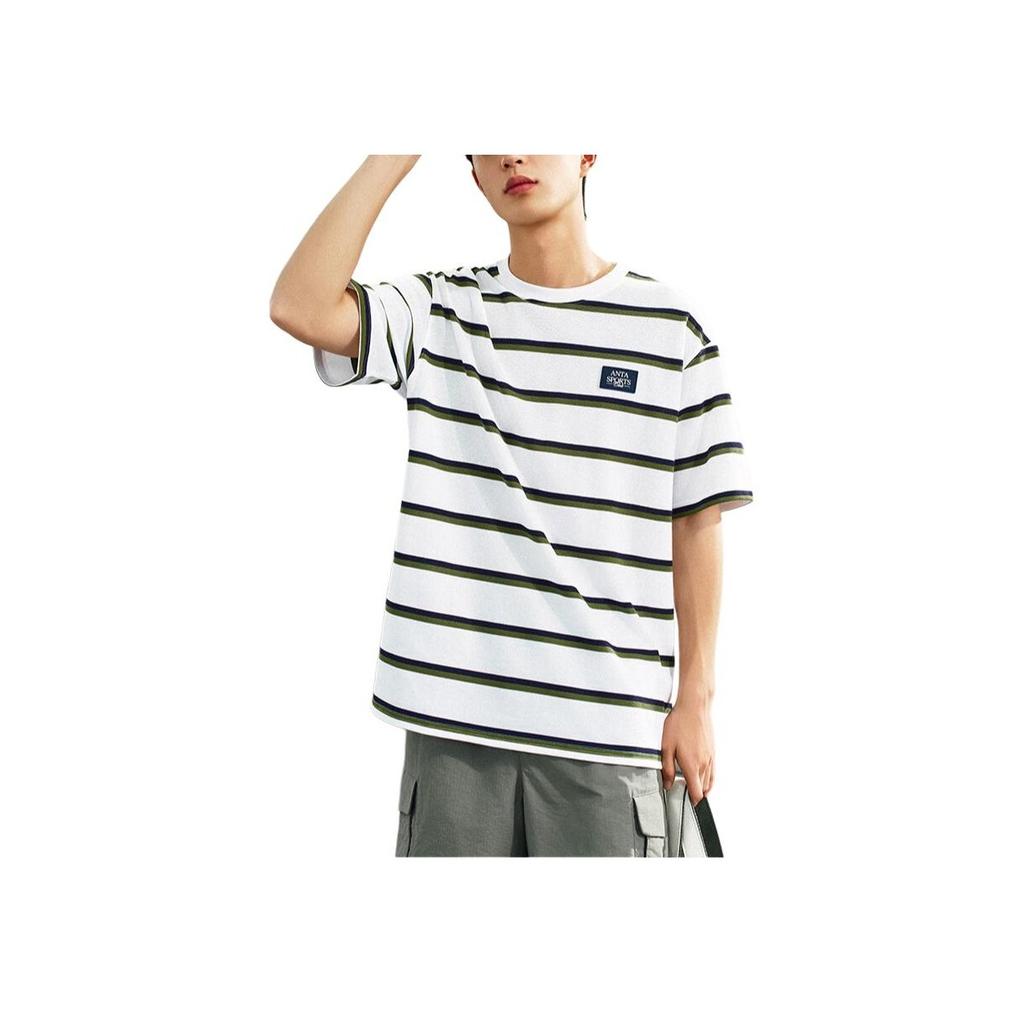 Anta Comfortable Breathable Striped Round Neck Versatile Short Sleeve T-Shirt Men Tops Snow-White 152528128-1
