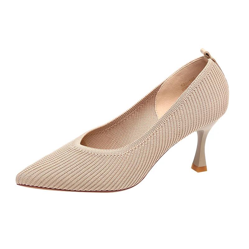 Fashion Comemore Pointed Toe Single Shoes High Heels Simple Solid Color Knitting Pumps Woman Shoes Spring Autumn Solid Heels for Women