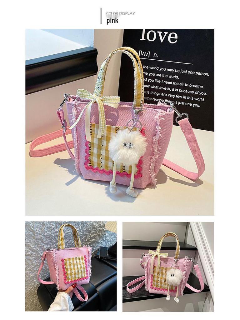 Korean Style Plaid Lace Bucket Handbag - Cute Bow Crossbody