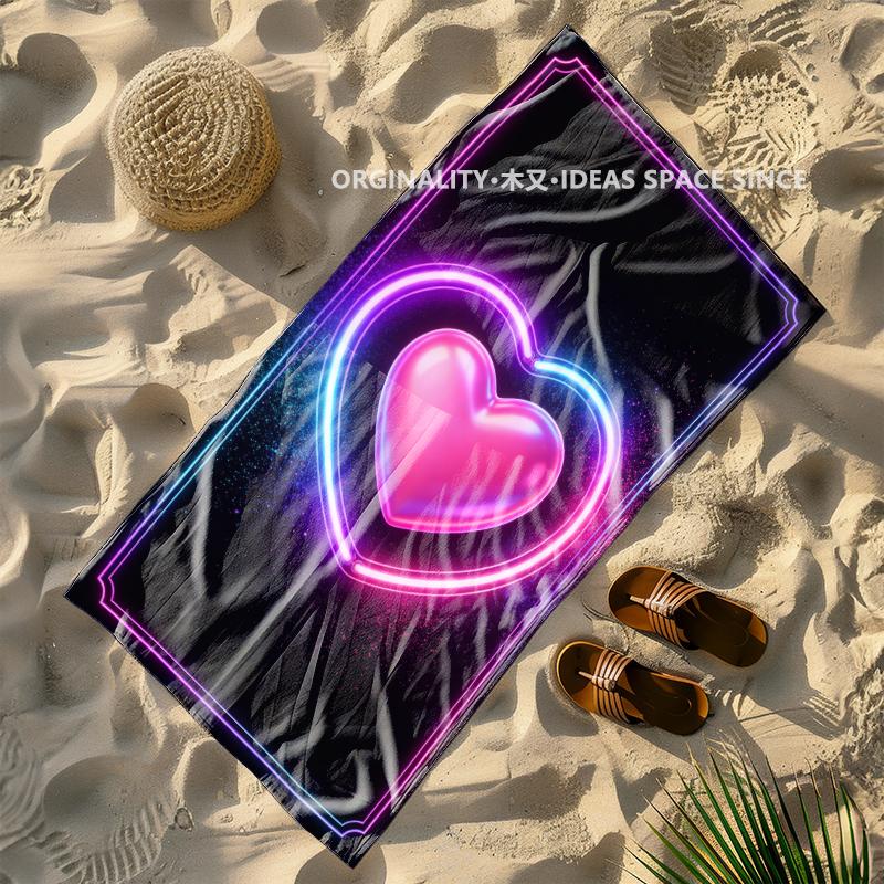 Neon Heart Glowing Beach Towel Patterned Sunscreen And Windproof Suitable For Swimming Pool Camping Travel Blanket