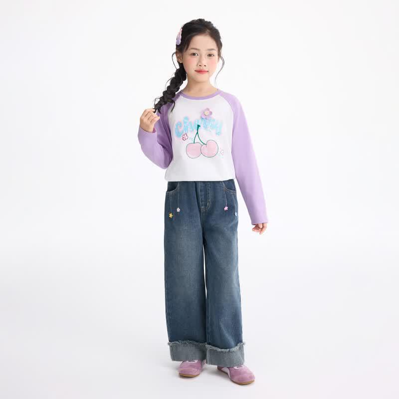 Girls' Pure Cotton Color-block Raglan Long-sleeve T-shirt