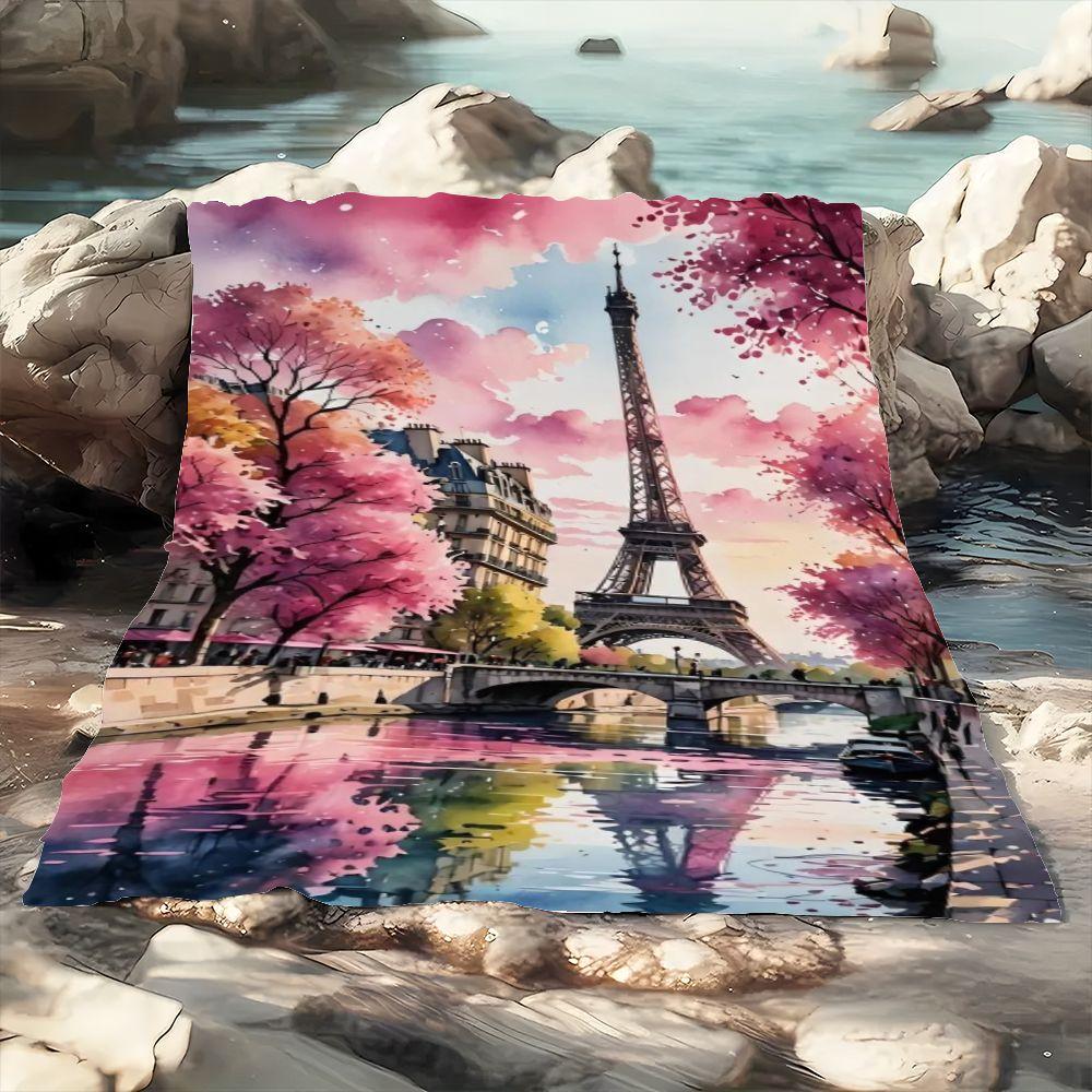 Whimsical Paris Eiffel Tower Watercolor Blanket - Dreamy Cherry Blossom Spring Scene Throw - Soft Cozy Decor for Home, Perfect W