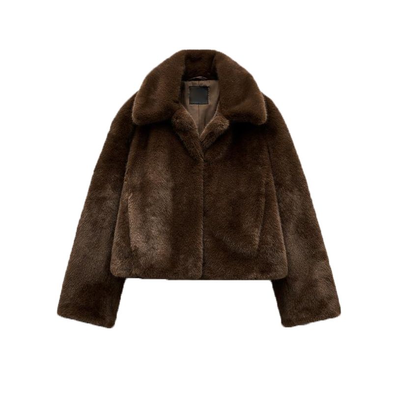 

Fall and Winter New Women s Clothing Fashion Style Lapel Long Sleeves Faux Fur Effect Short Jacket Outwear 5320872 Cigar color L