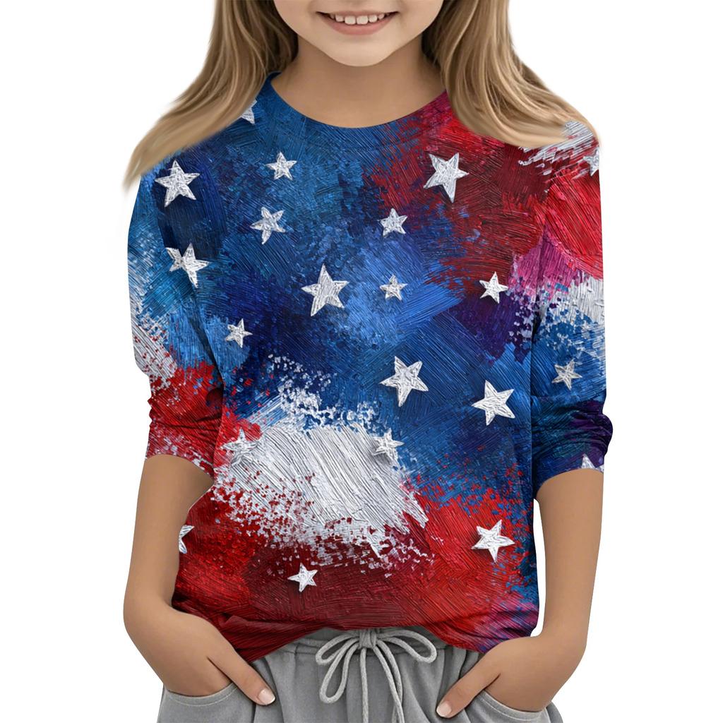 Dziecięce bluzki z rękawem 3/4, casualowy T-shirt z nadrukiem, okrągły dekolt, bluzka typu pulower