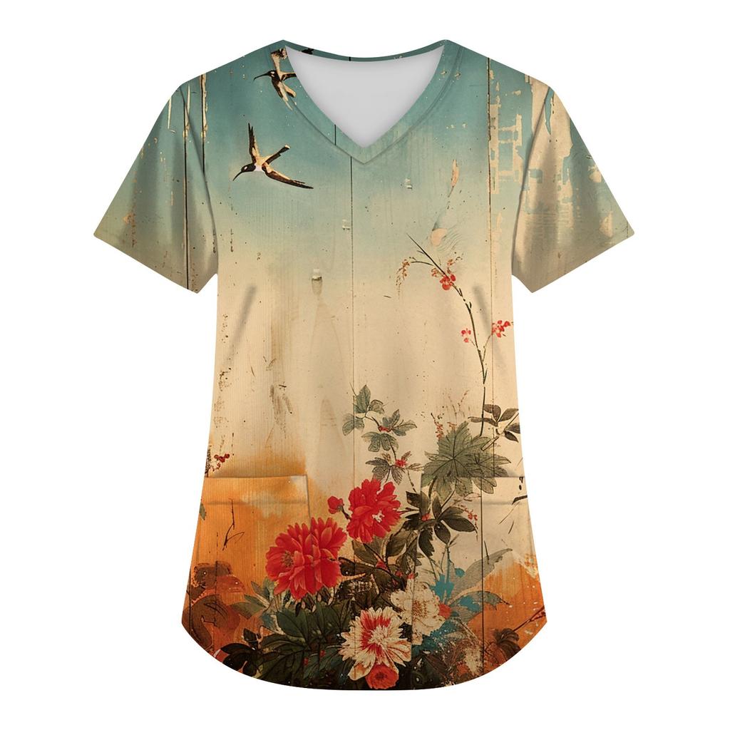 Plus Size Printed Scrub Working Uniform Tops For Women's V-Neck Christmas Print Short Sleeve Fun T-Shirts Workwear Tee With Pockets