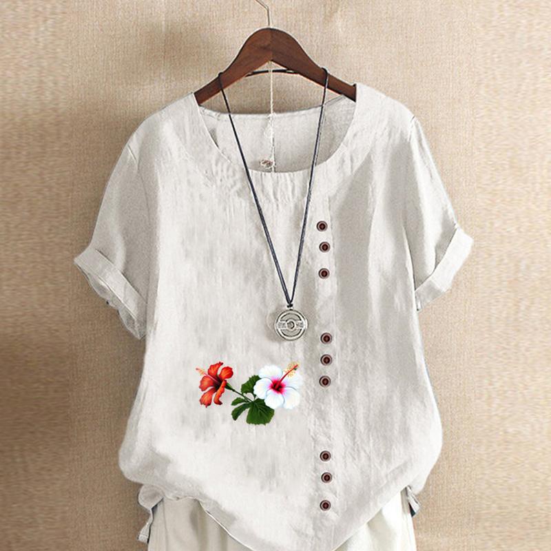 Women's Fashion Round Neck Short Sleeve T-shirt Casual Cotton Linen Graphic Shirt Leisure Loose Flowers Prined Summer Blouse Tops
