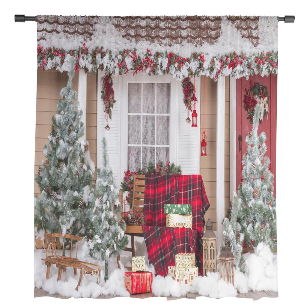 Christmas Christmas Tree Leaves Green Red Tulle Sheer Window Curtains for Living Room Bedroom Decor Voile Curtains Drapes