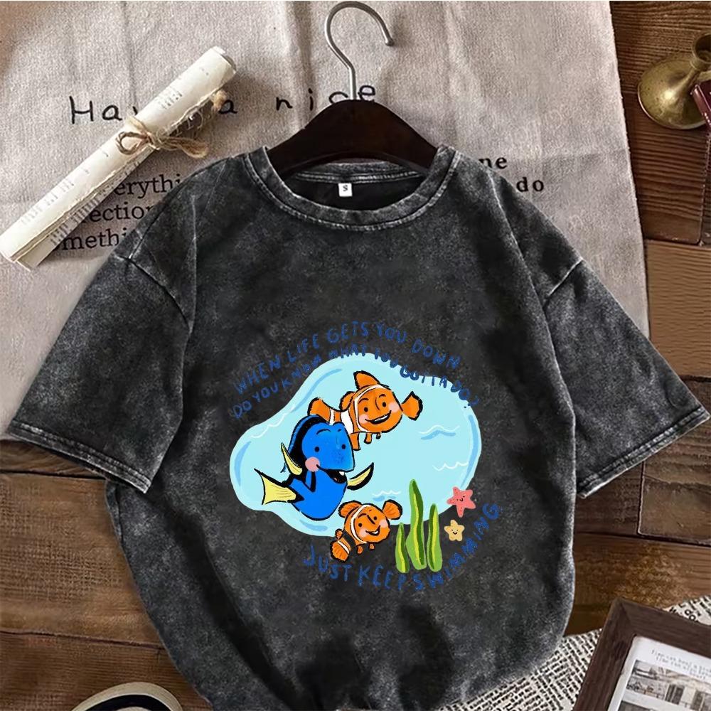 Cute Cartoon Bear Fish Print Vintage Washed Black Oversized T-Shirt Neck Short Sleeve Tee for Women Streetwear