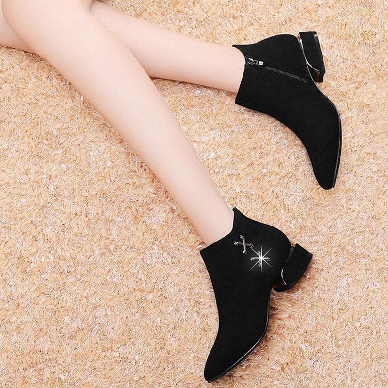 Women Boots Autumn Winter Martin Shoes High Heel Zip Pointed Toe Ankle  Fashion Patent-leather