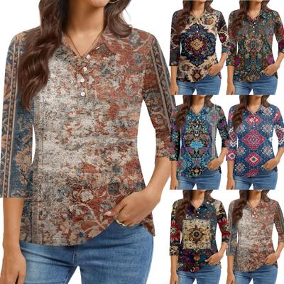 Women's Fashion Casual Lapel Short 3/4 Sleeve Print Shirt Women's Button Up Tops