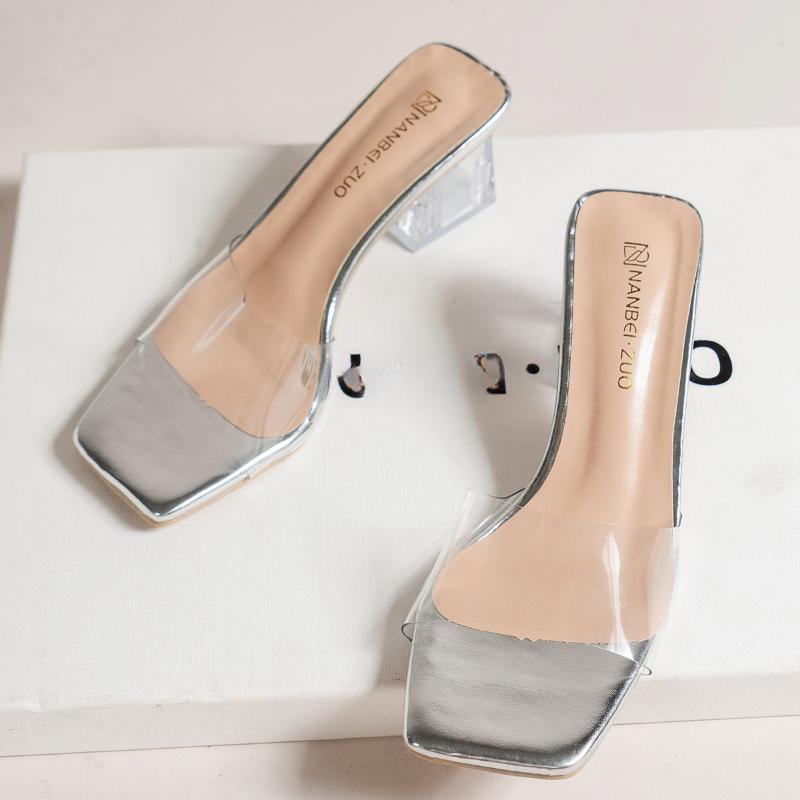 Women's Crystal Slippers Mid-heel All-matching New Summer Fashion Cool Mule Slides Sandals Transparent Jelly Square Toe Shoes