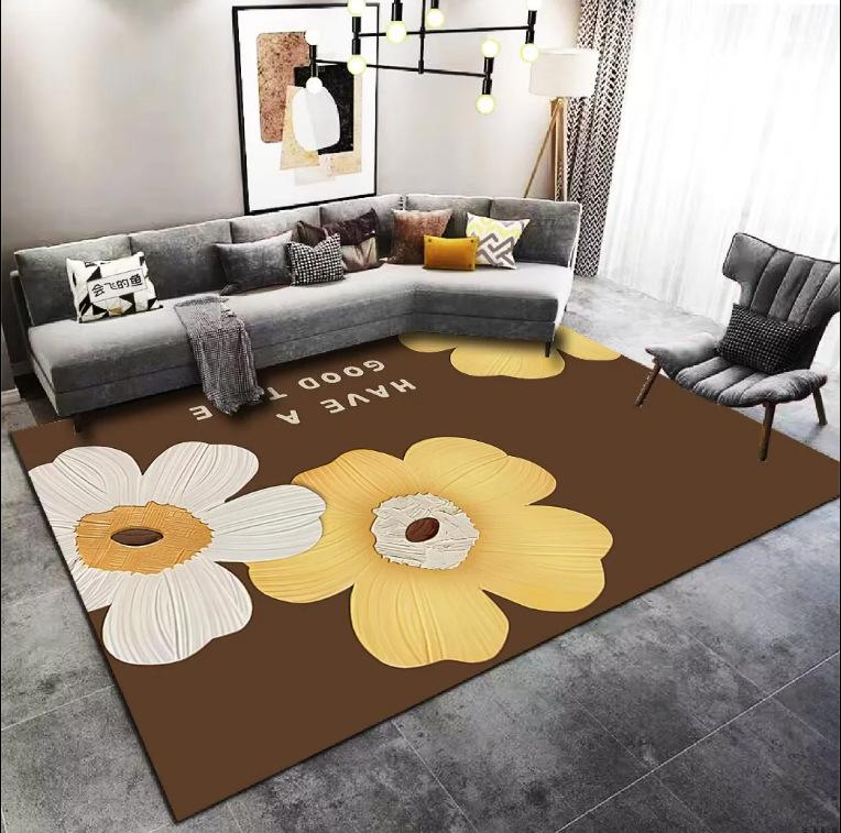 Modern Minimalist Brown Large Floral Daisy with Leaves Pattern Carpet Mat for Living Room Bedroom Bed End Home Decoration Rug