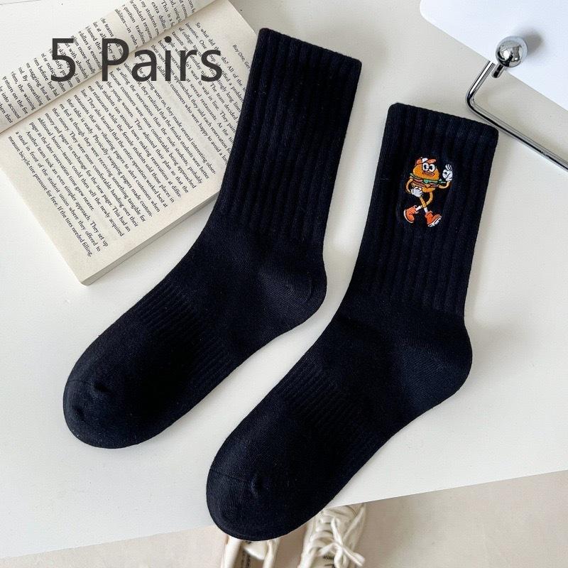 5 perechi de șosete absorbante de transpirație cu design de desene animate, pentru bărbați și femei, cu tub mediu lung, brodate