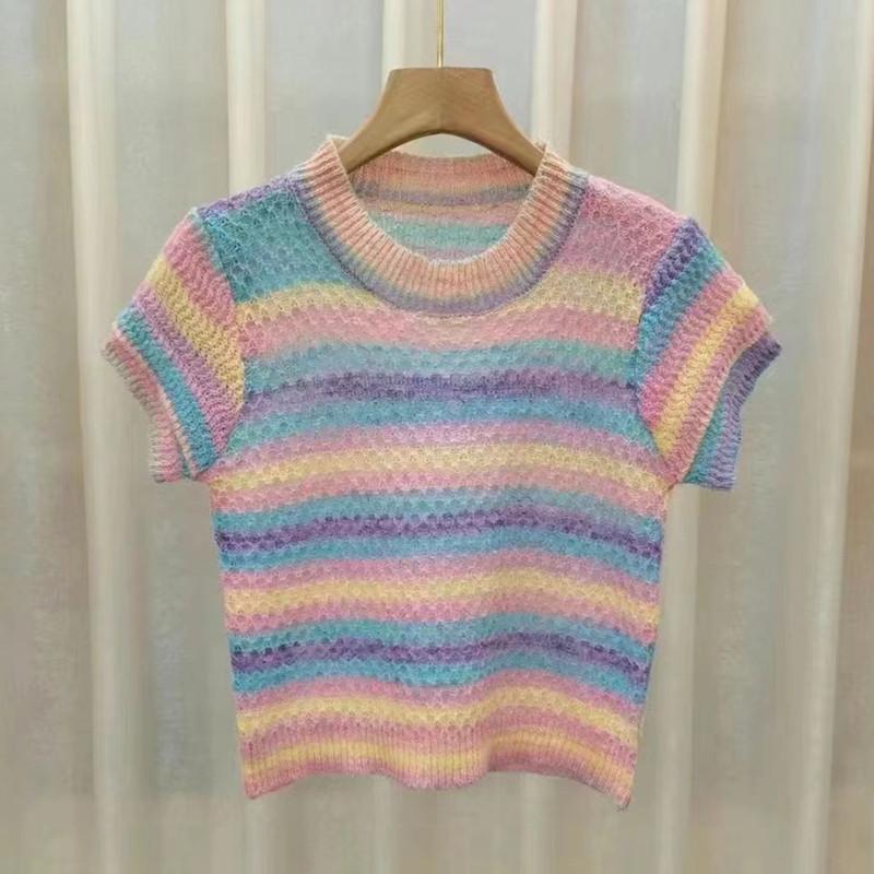 

Сладкий свитер из трикотажа градиентного цвета с круглым вырезом, летний нишевый дизайн, короткие топы, повседневная летняя вещь первой необходимости, комфорт и стиль, приталенные пуловеры, футболки One Size розовый