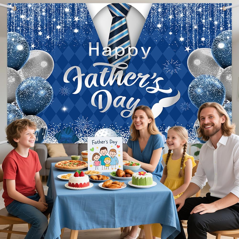7x5ft Happy Father's Day Backdrop for Photography Blue Silver Glitter I Love You Dad Background Father's Day Tie Balloon Party Decorations Banner