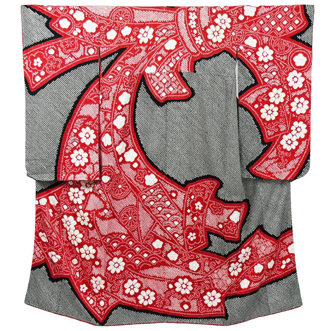 

7 Years Made in Japan Special Pure Large Hikita Shibori Celebratory Large Thirteenth Luxury Hiyoku 7 Years Red x Black Shichi-Go-San Kimono, Old,