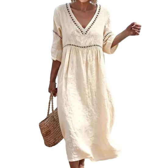 Summer Linen Dress for Women, Casual Beach A-Line Flowy Sundress, Short Sleeve V Neck Hollow Eyelets Long Dress