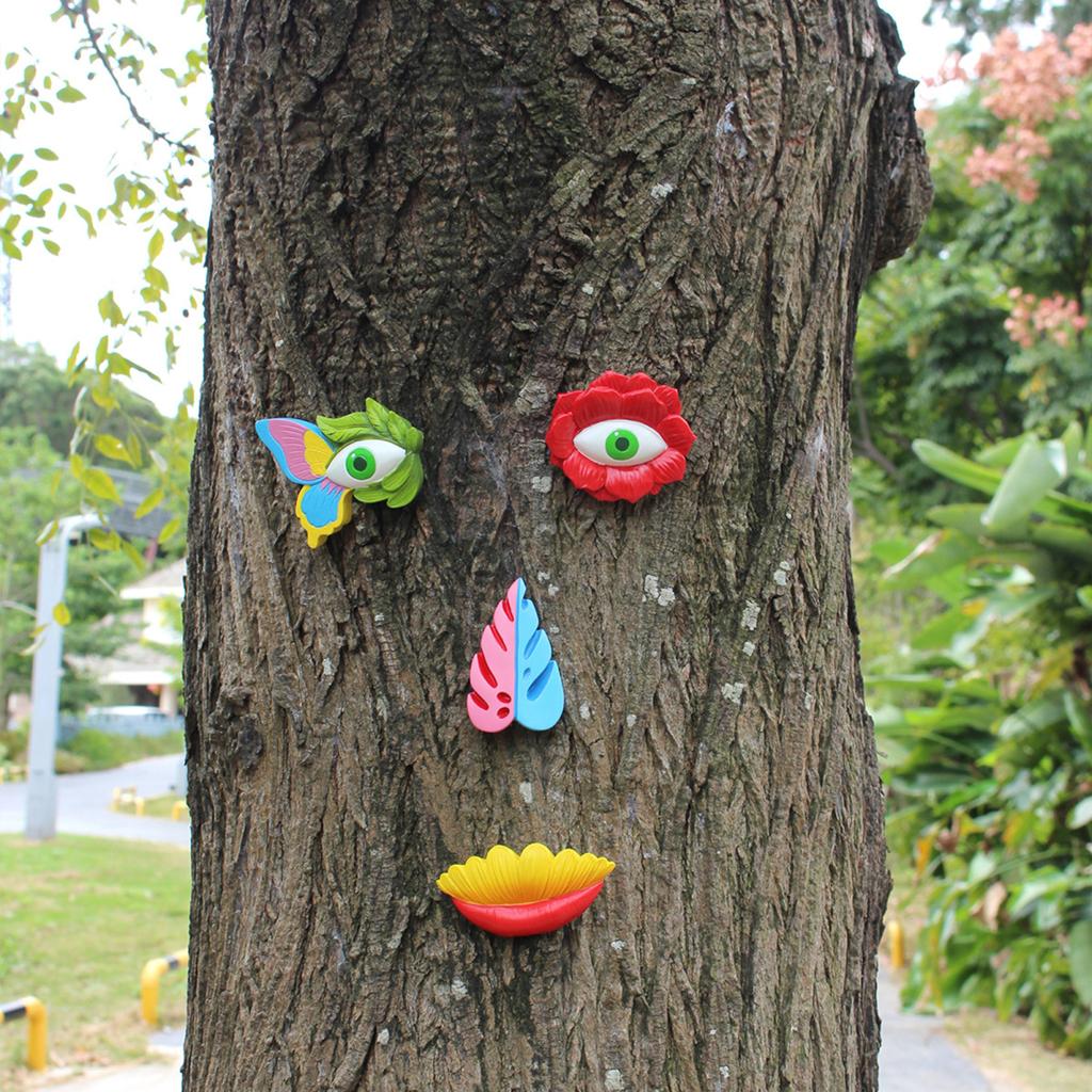 Yousheng Tree Face Decor Outdoor Flower Tree Face Sculpture Colorful Flower Face Ornament for Garden Fence Decoration Yard Art