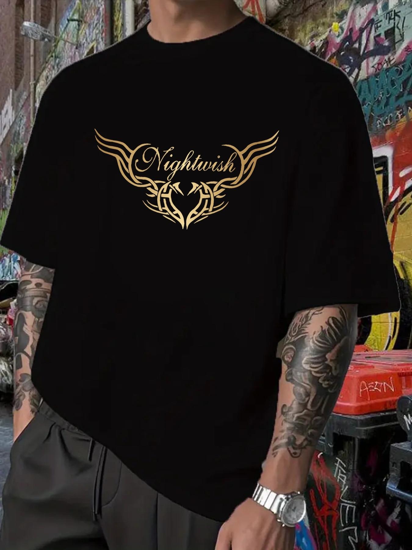Nightwish Graphic T-shirt - Black Casual Short Sleeve Tee with Golden Wing Design S