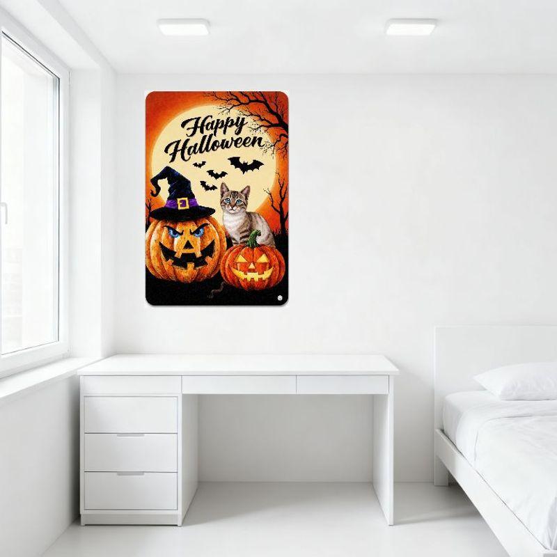 Halloween Tin Sign Spooky Moon Tree Bats Pumpkins Cat Decor Metal Wall Art for Home Bar Pub Decoration 8x12 Inch