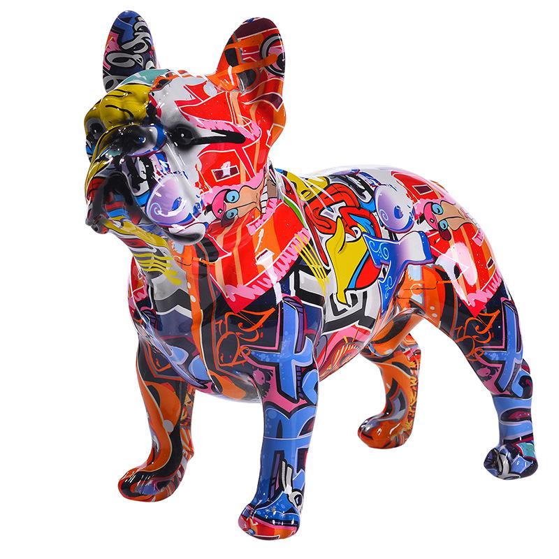 Statuie Rășină Bulldog Francez Colorat Stil Graffiti Figurină Câine pentru Raft Desktop sau Decor Cameră Ornament îndrăzneț pentru Iubitor de Animale de Companie Cadou