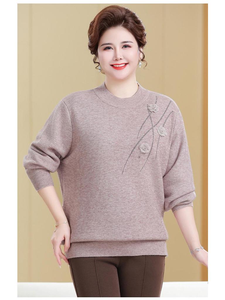 Knitted Fleece-Lined Sweater for Middle-Aged and Elderly Women - Plus Size, Autumn/Winter