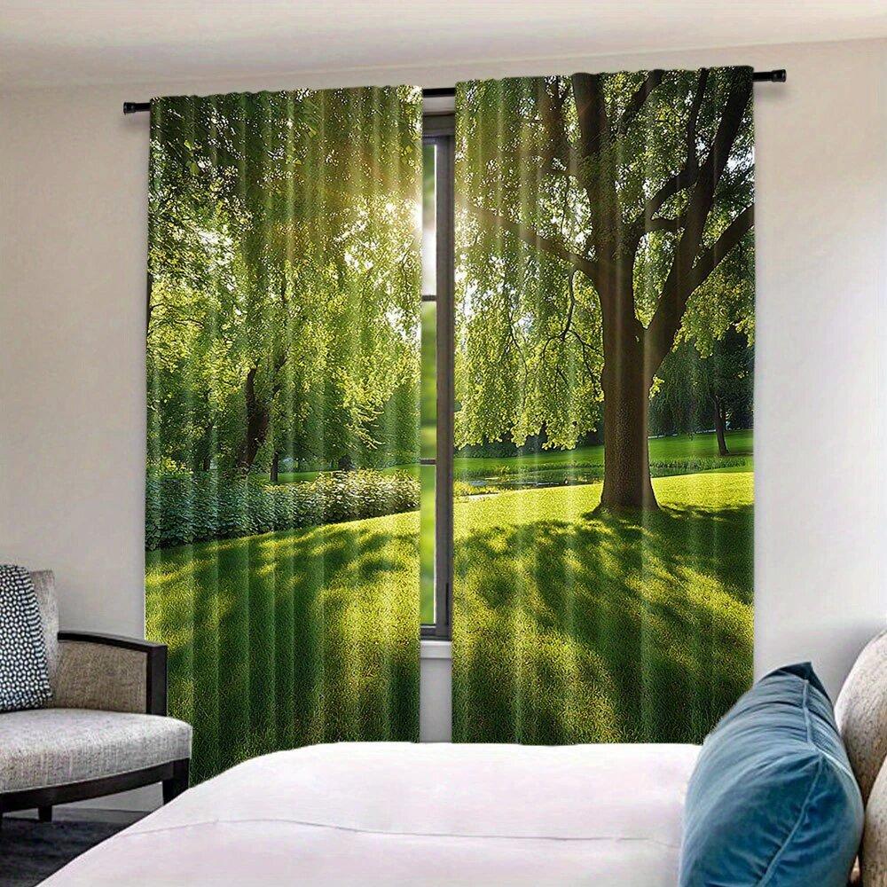 2 pieces of summer forest light and shadow printed curtains, pole bag curtains, home decoration, room decoration