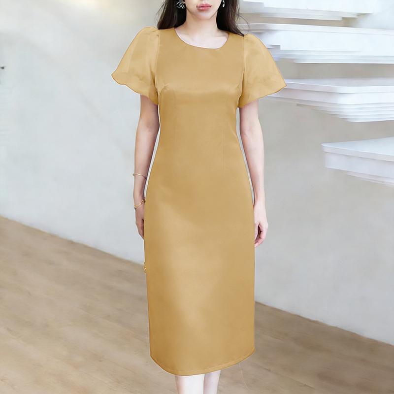

ZANZEA Women Casual Round Neck Mesh Splice Puff Sleeve Elegant Summer Dress 5XL хакі
