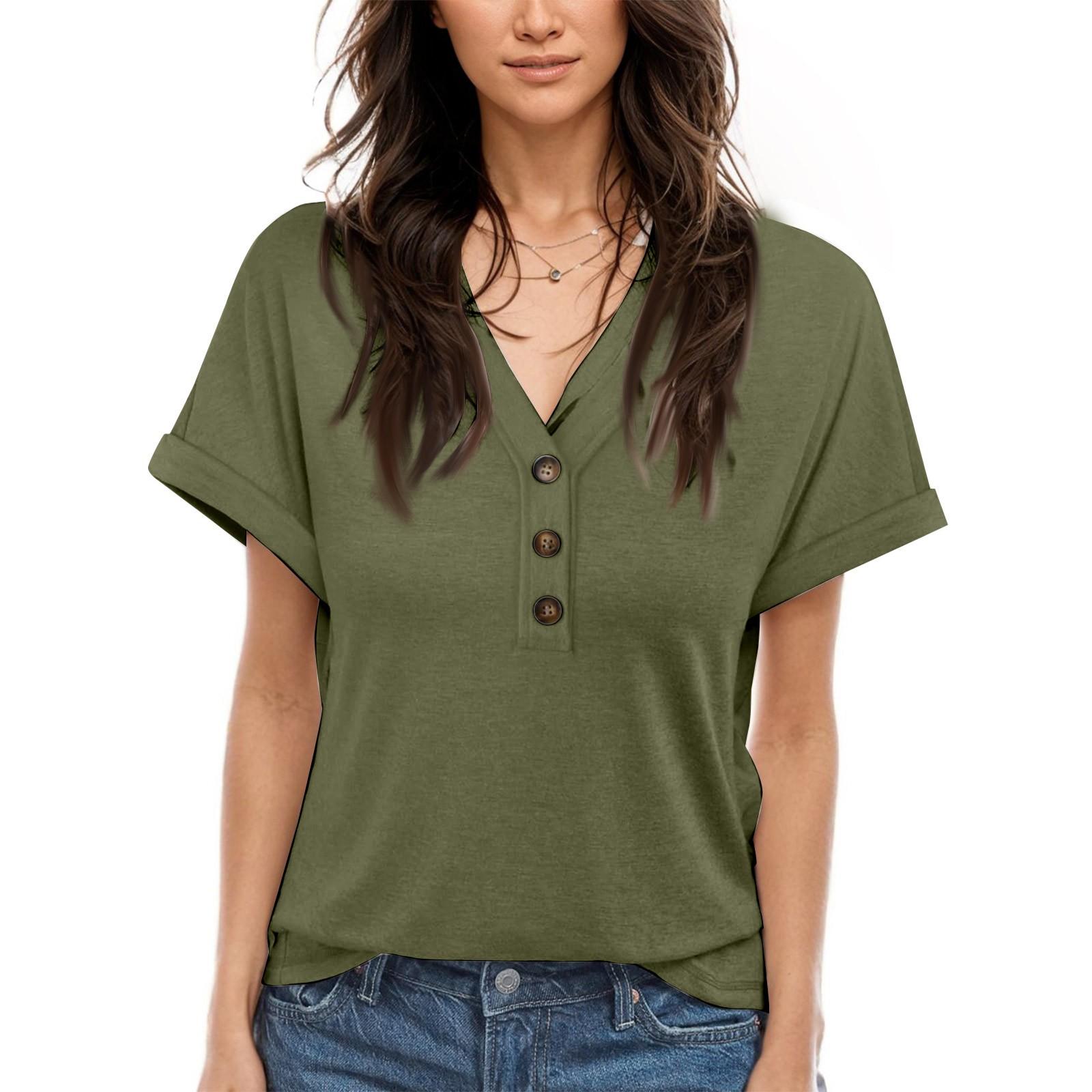 

Жіноча футболка з коротким рукавом, V-подібним вирізом, рукавом-ліхтариком, літня, повсякденна, формальна L армія зелений колір